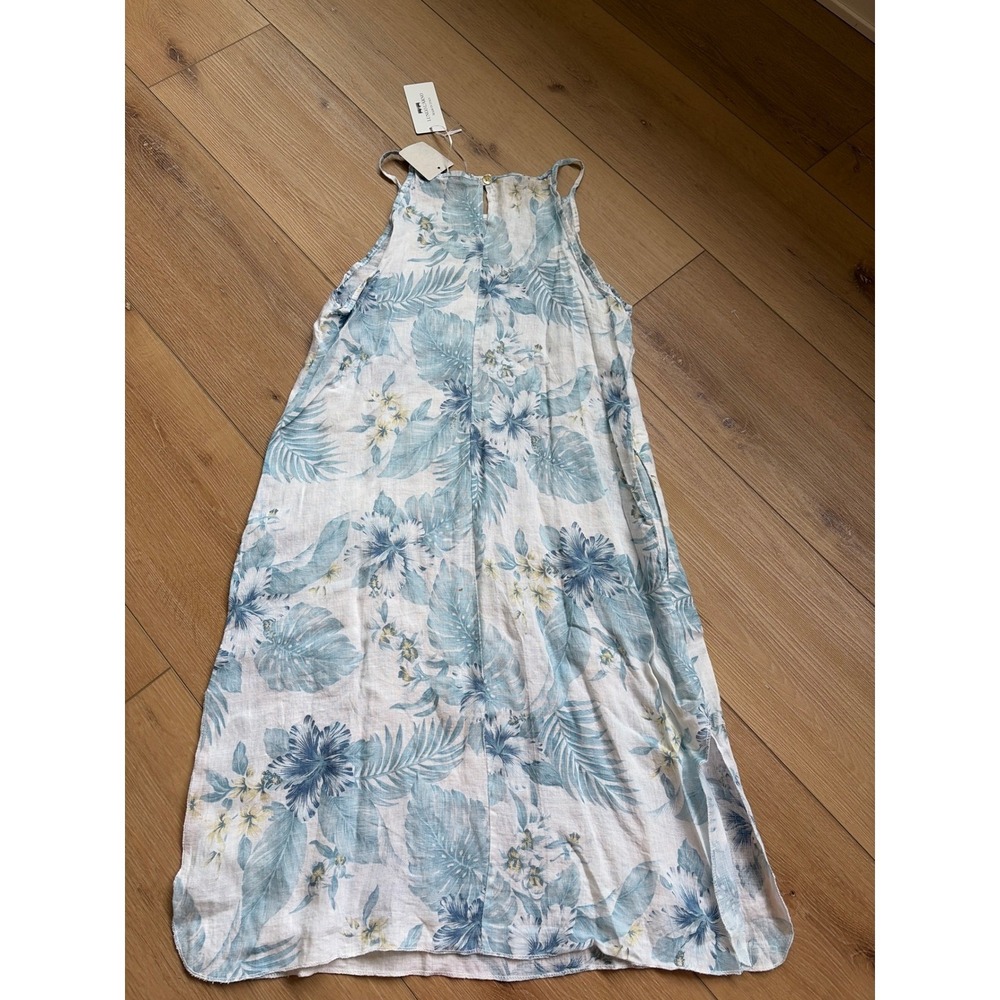 Linen Grand Italy Floral 100% Linen Midi Dress Blue Tropical Sleeveles medium - Picture 7 of 9
